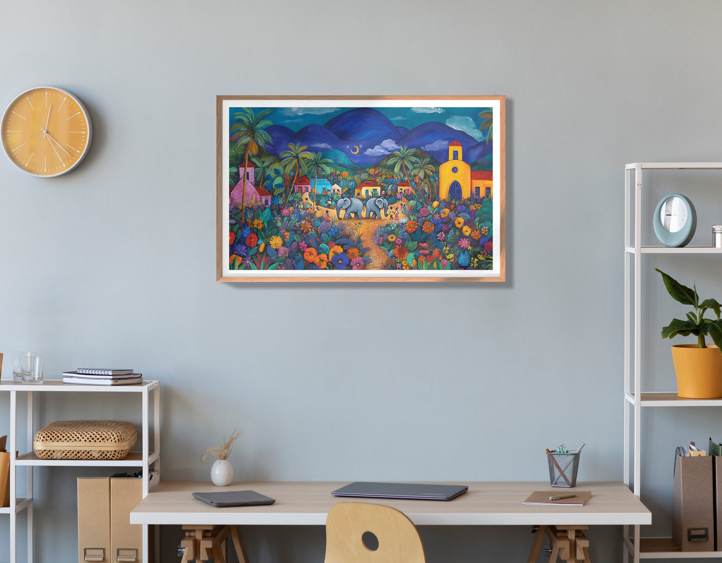 Colorful Mountain Village Elephant Caribbean wall art view 84