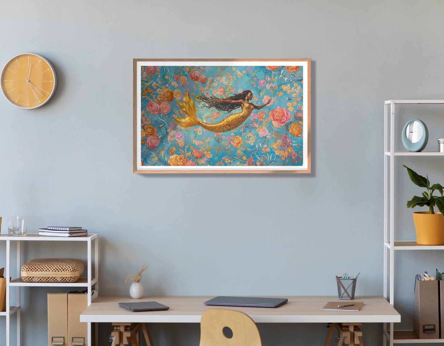 Black Mermaid Turquoise Floral African American canvas print view 84