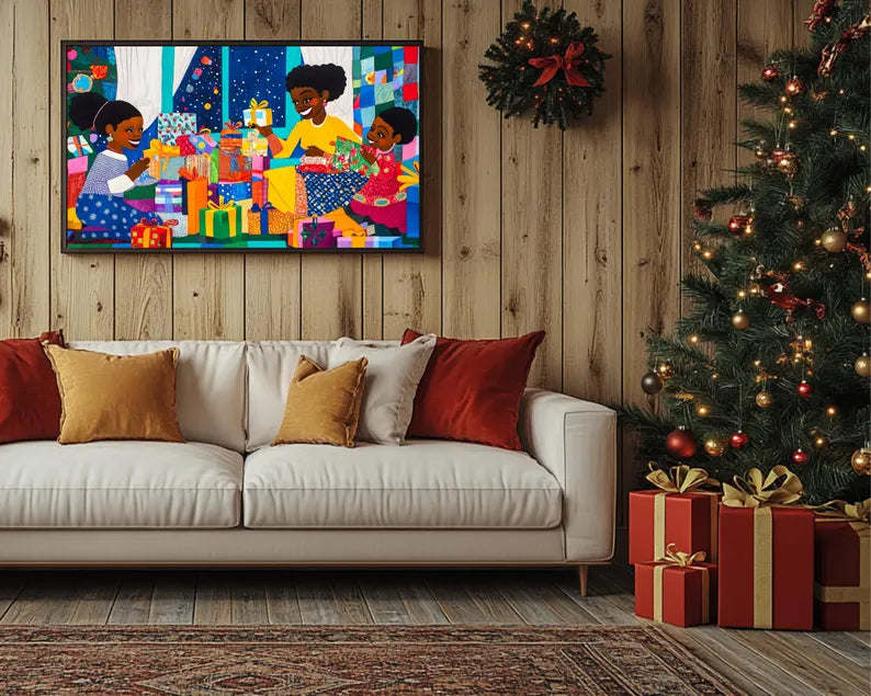 Handcrafted African American Christmas scene art with two girls and stacks of gifts.