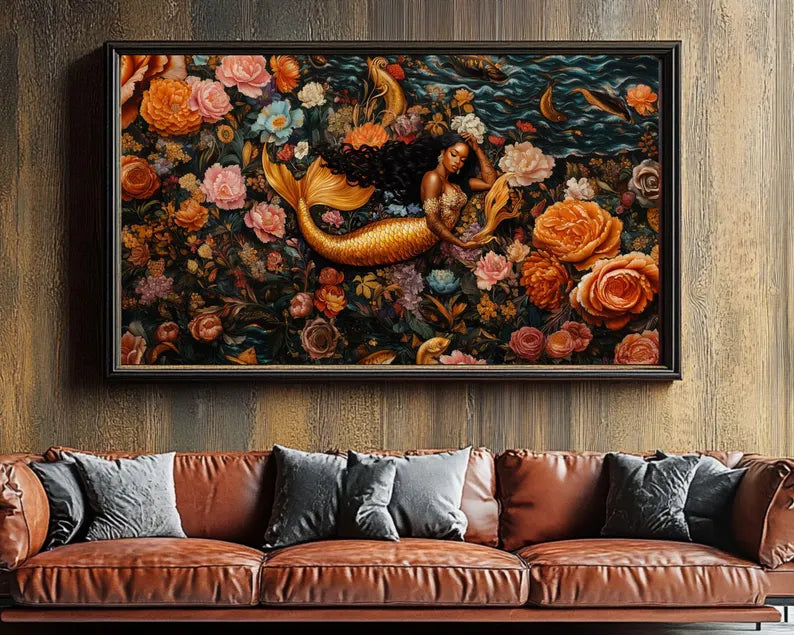 Afrocentric mermaid art surrounded by blooming flowers
