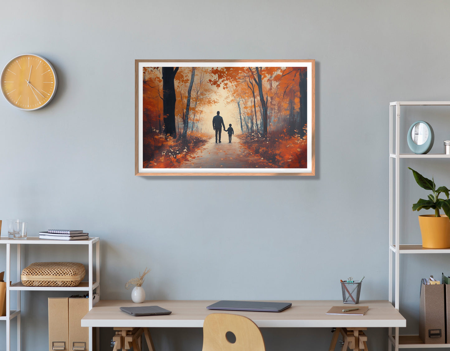 Black Father and Child Autumn Walk Black family wall art view 84