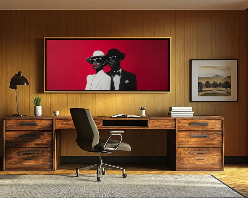 Afrocentric wall art of fashionable duo with vintage elegance.