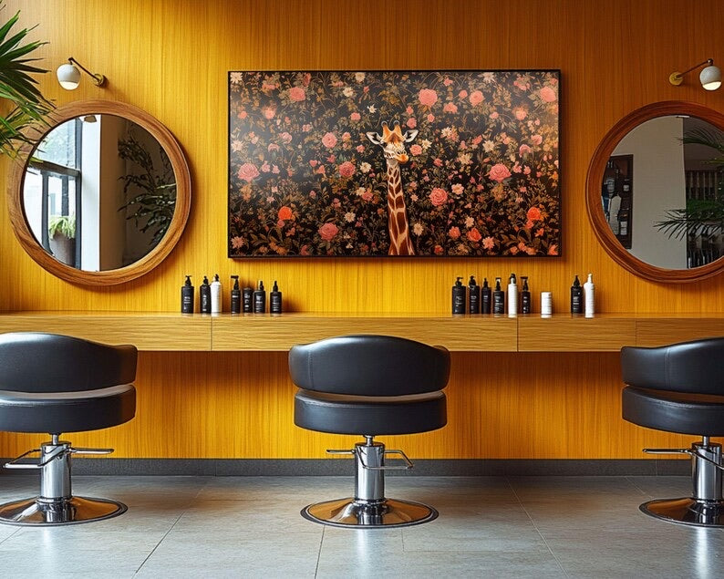 Giraffe artwork for modern interiors with a chic floral wallpaper look.
