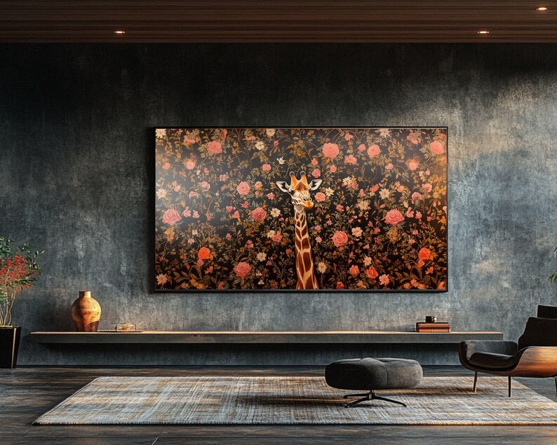 Animal-themed art print showing a giraffe surrounded by blooming roses.