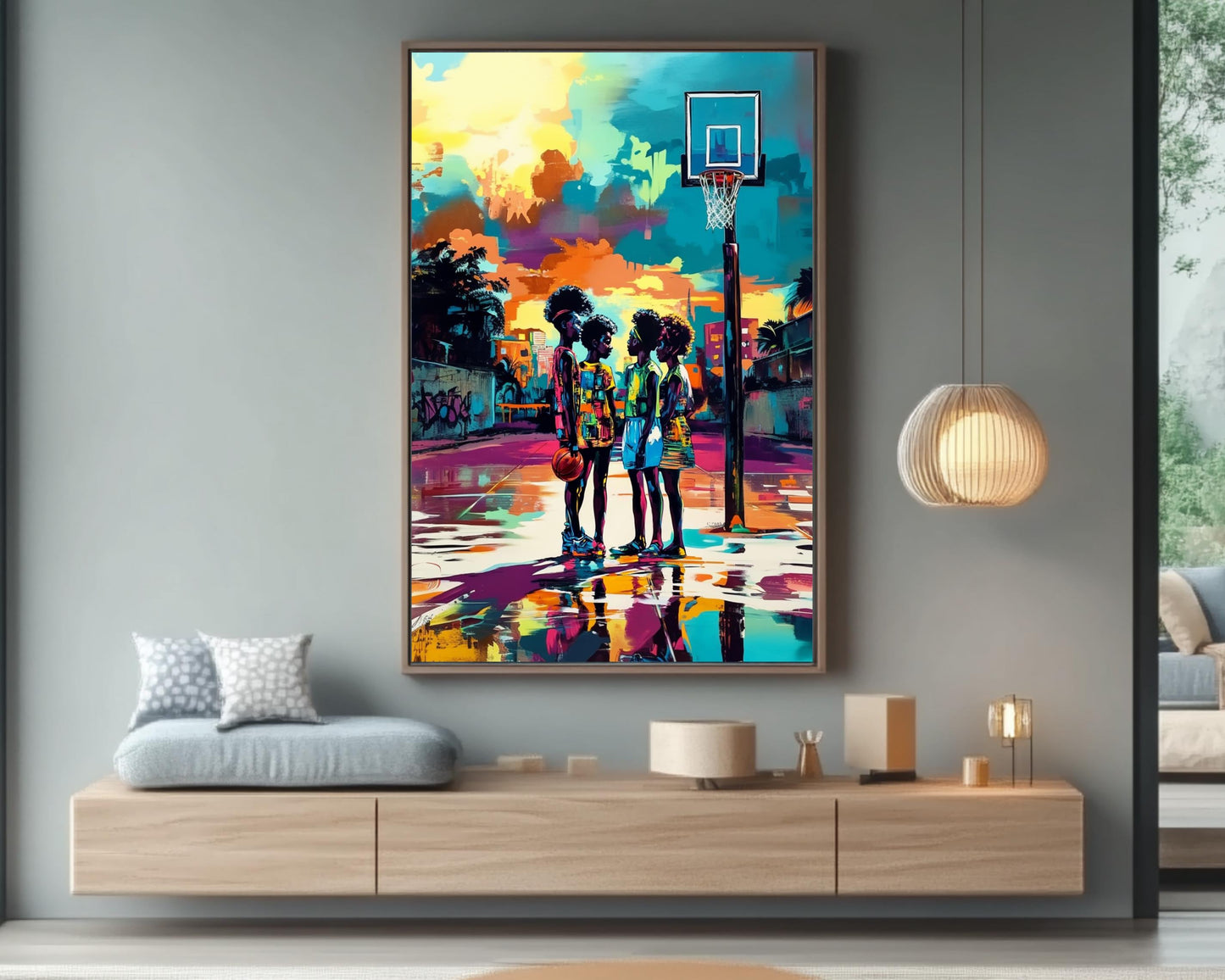 Urban Basketball Court Black Art Print