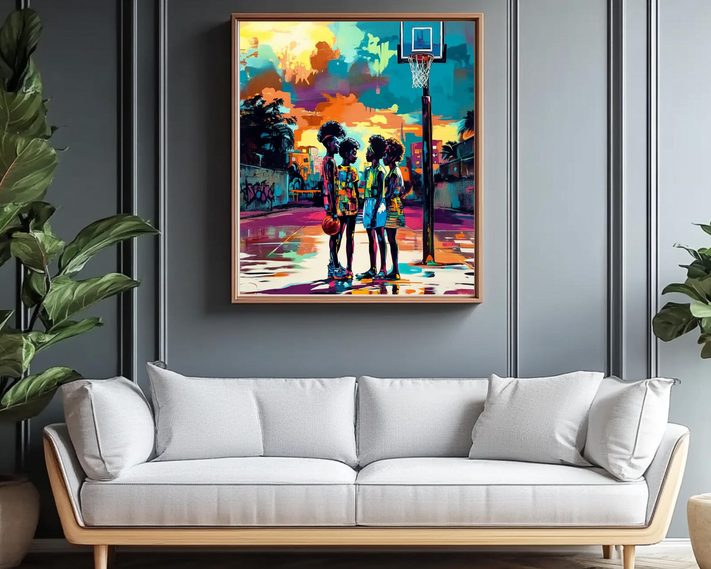 Urban Basketball Court Black Art Print