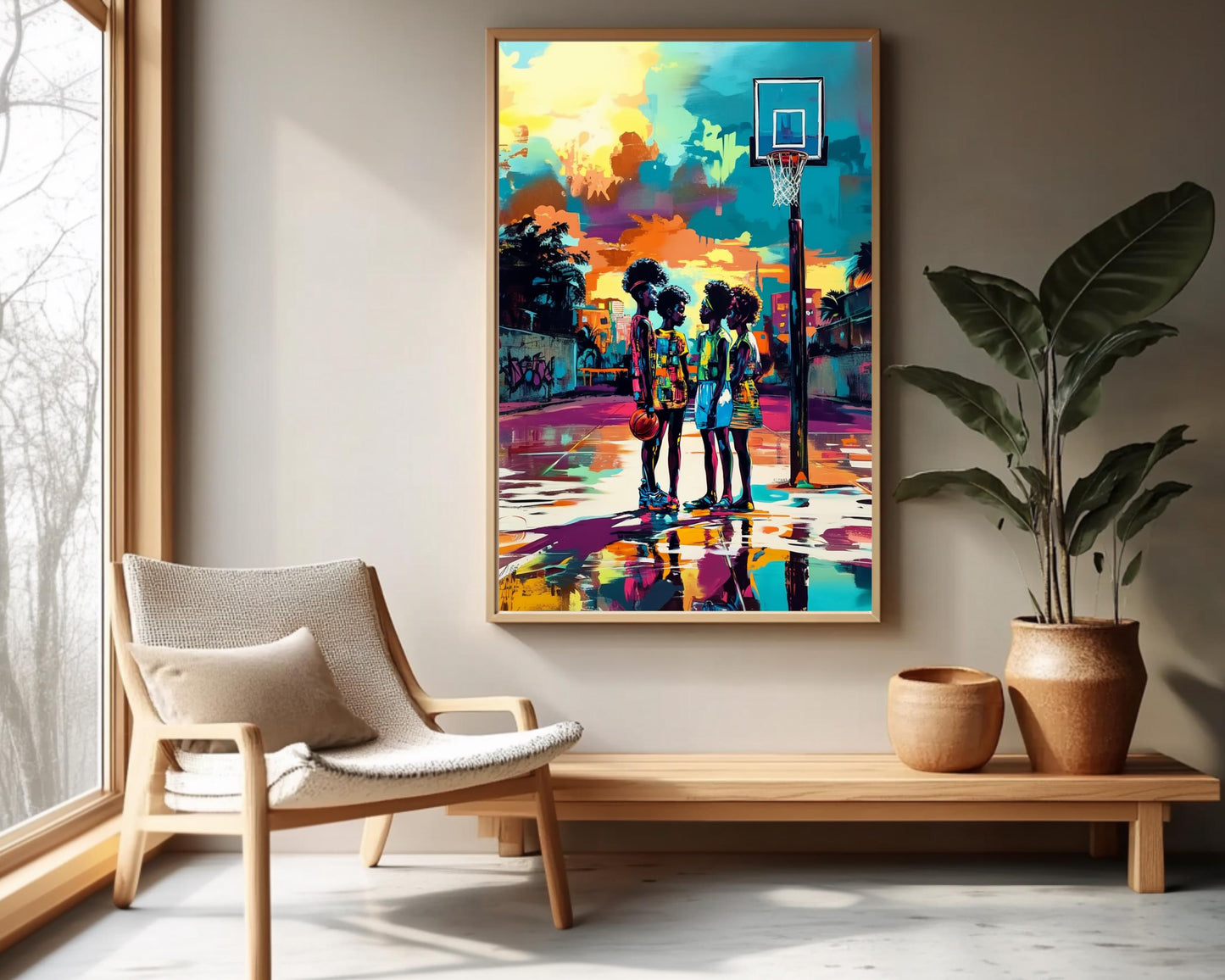 Urban Basketball Court Black Art Print