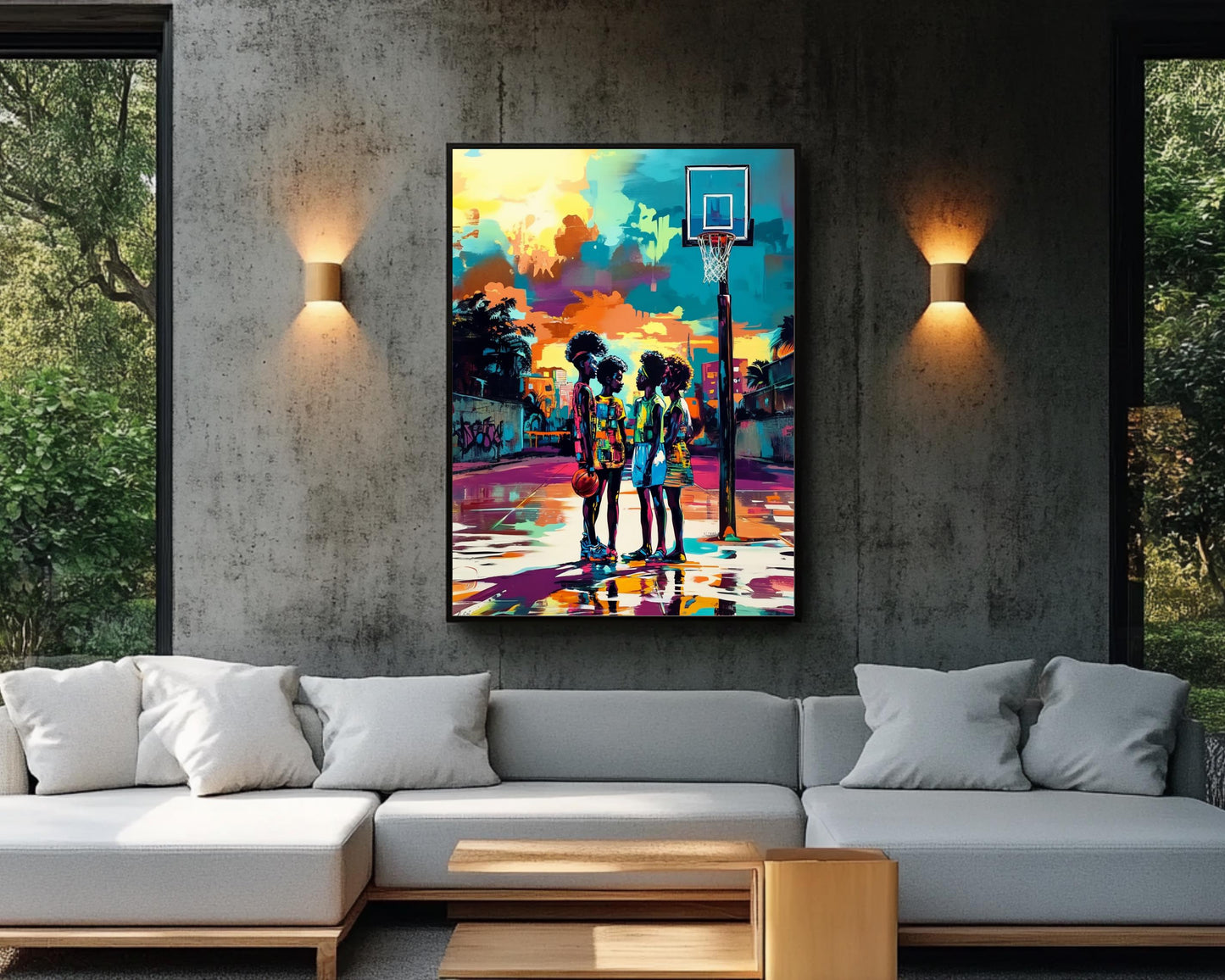 Urban Basketball Court Black Art Print