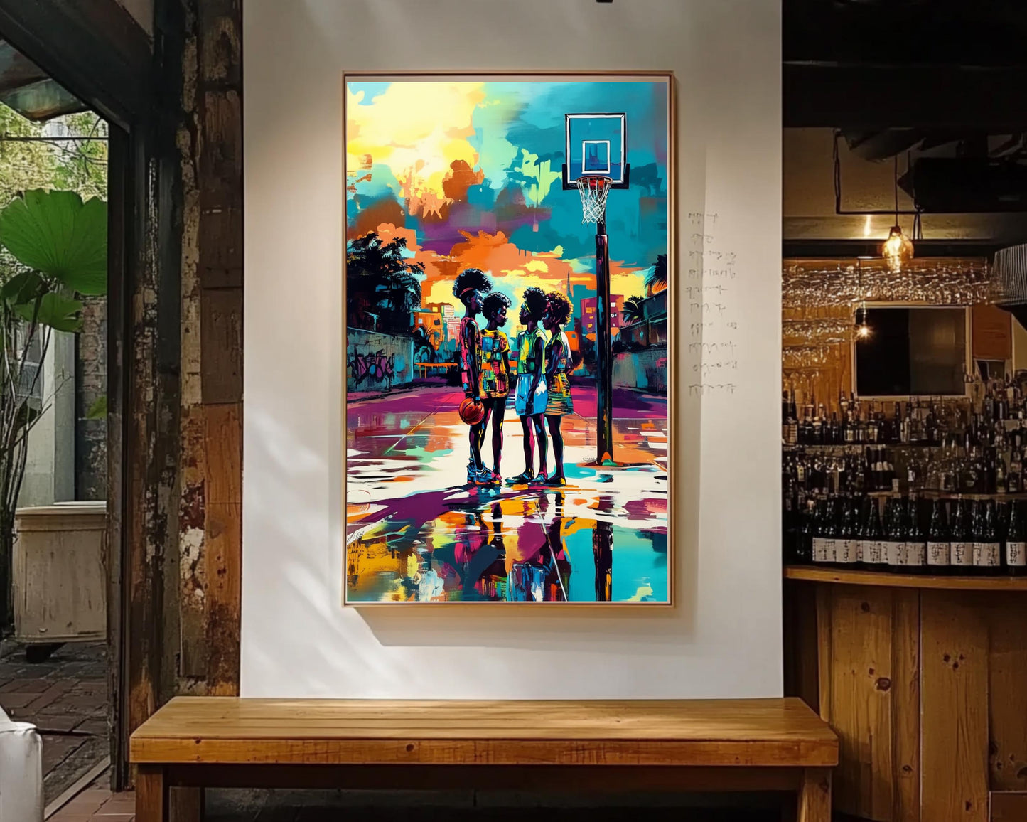 Urban Basketball Court Black Art Print