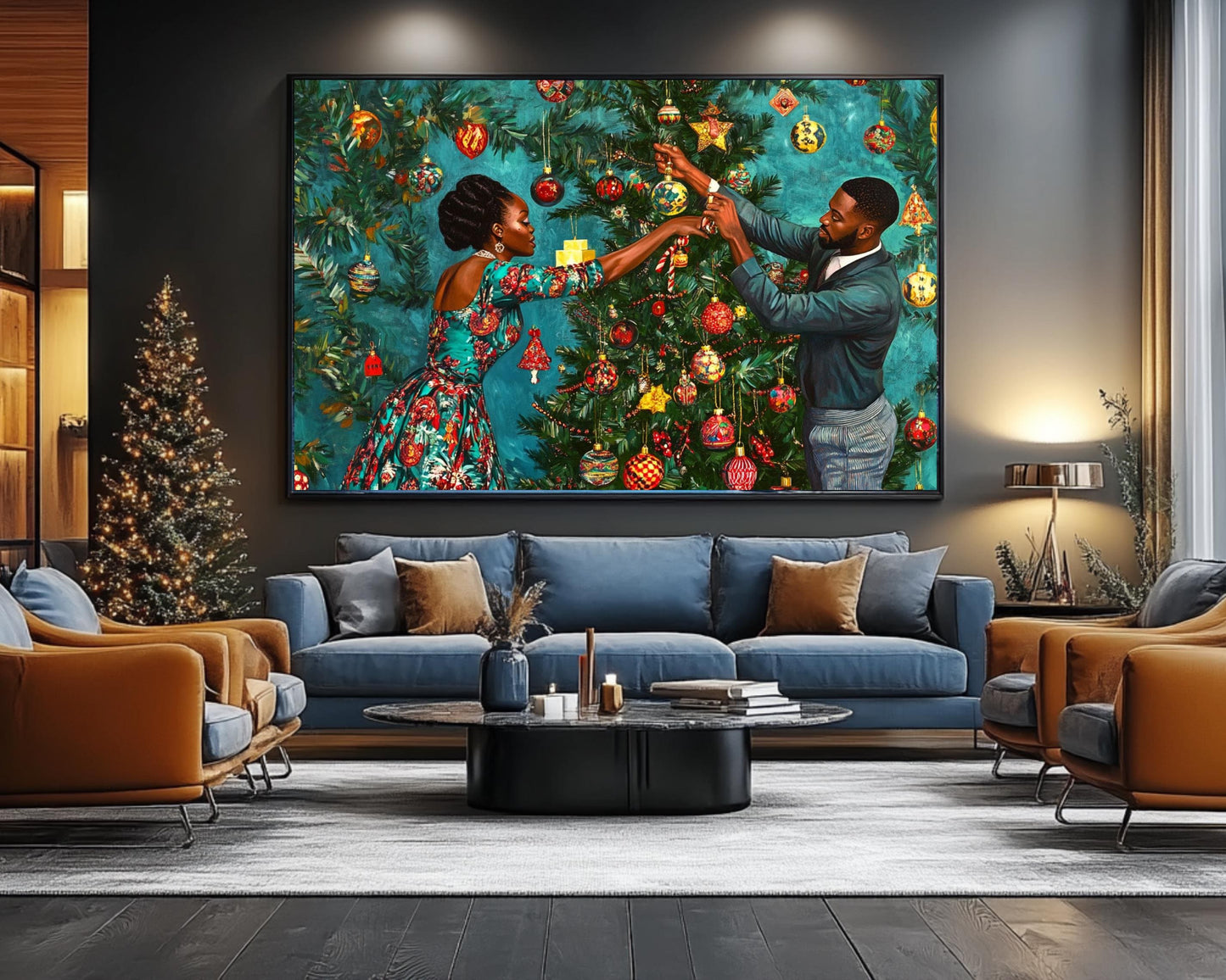 Black Couple Christmas Tree African American Wall Art Canvas
