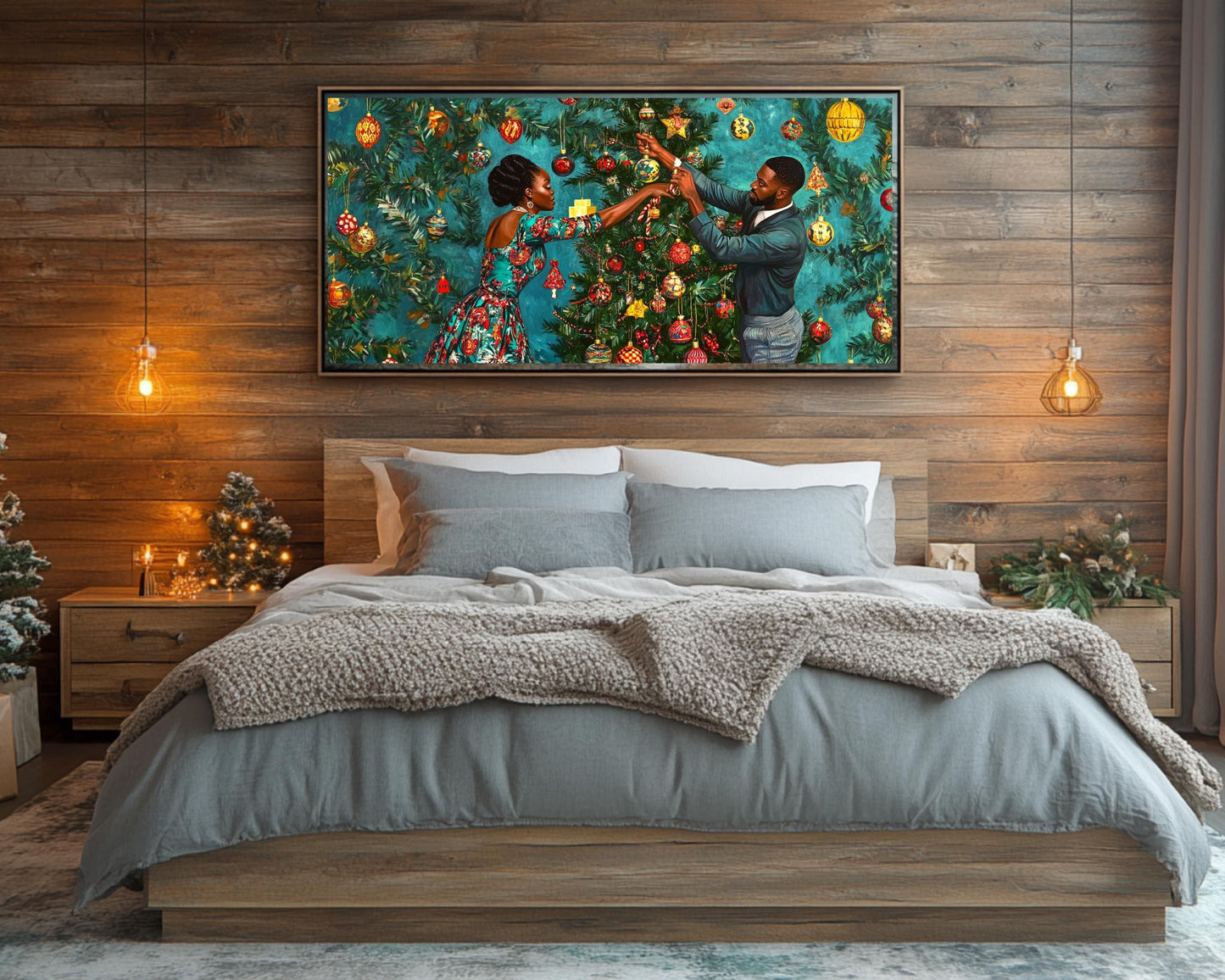 Black Couple Christmas Tree African American Wall Art Canvas