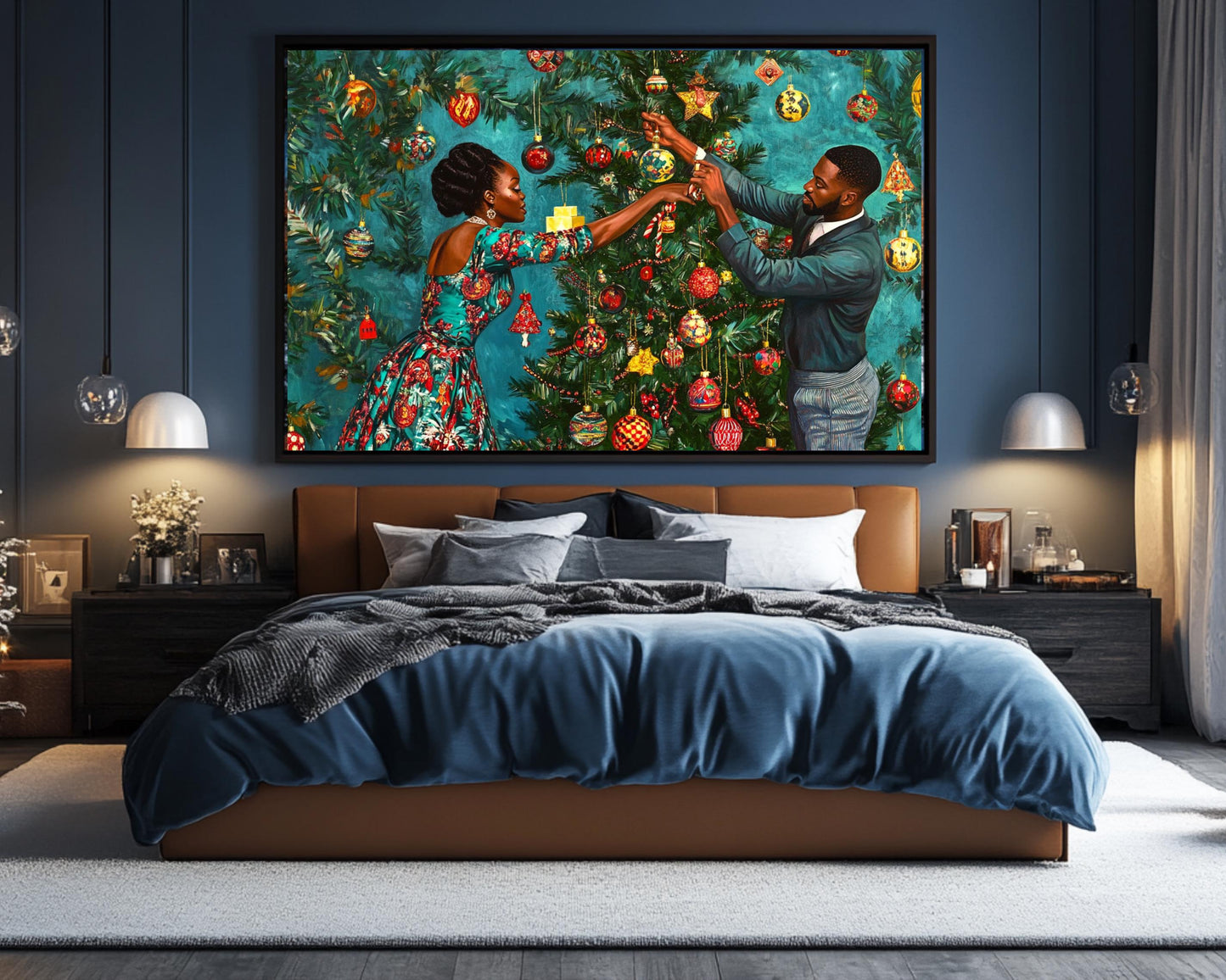 Black Couple Christmas Tree African American Wall Art Canvas
