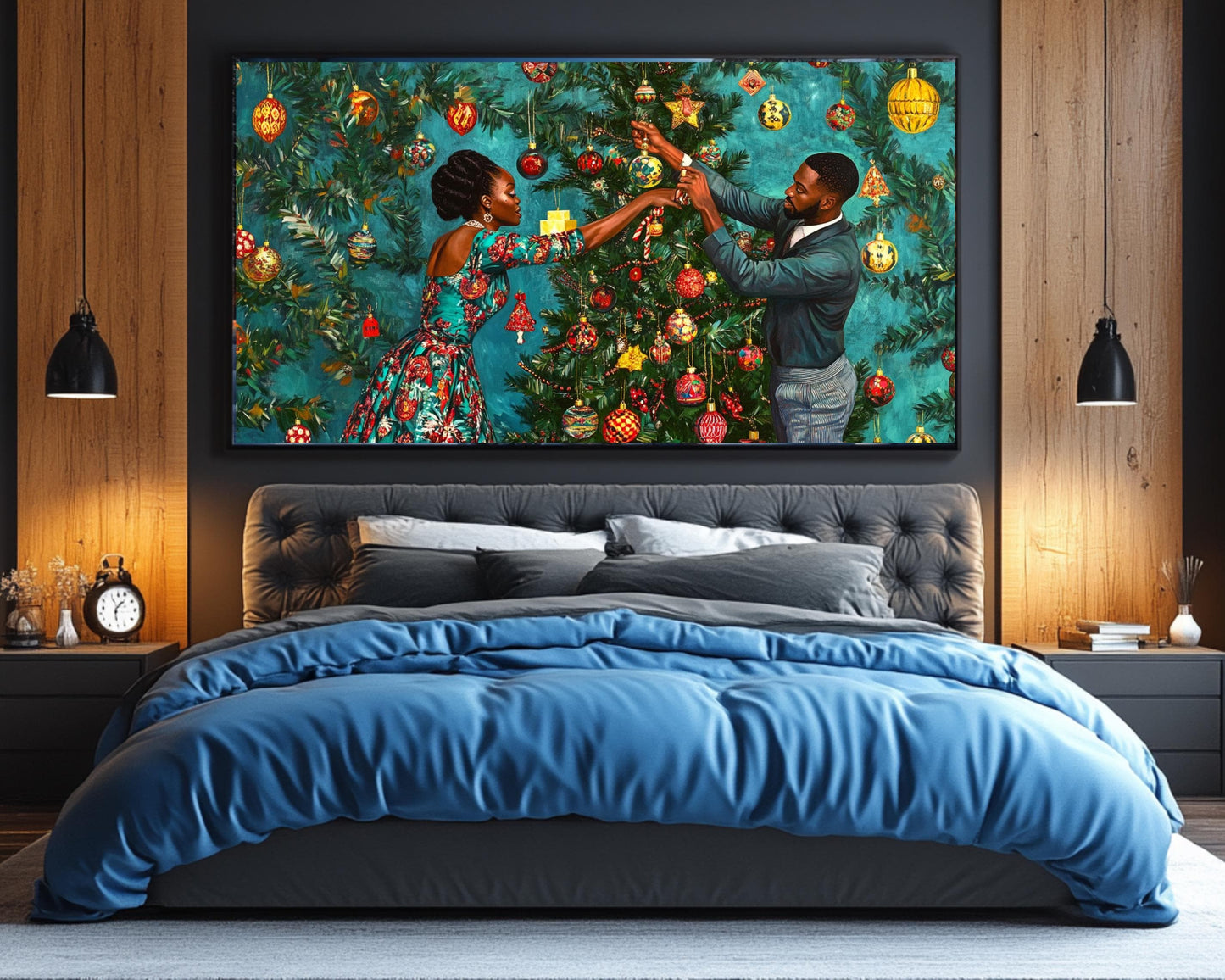 Black Couple Christmas Tree African American Wall Art Canvas