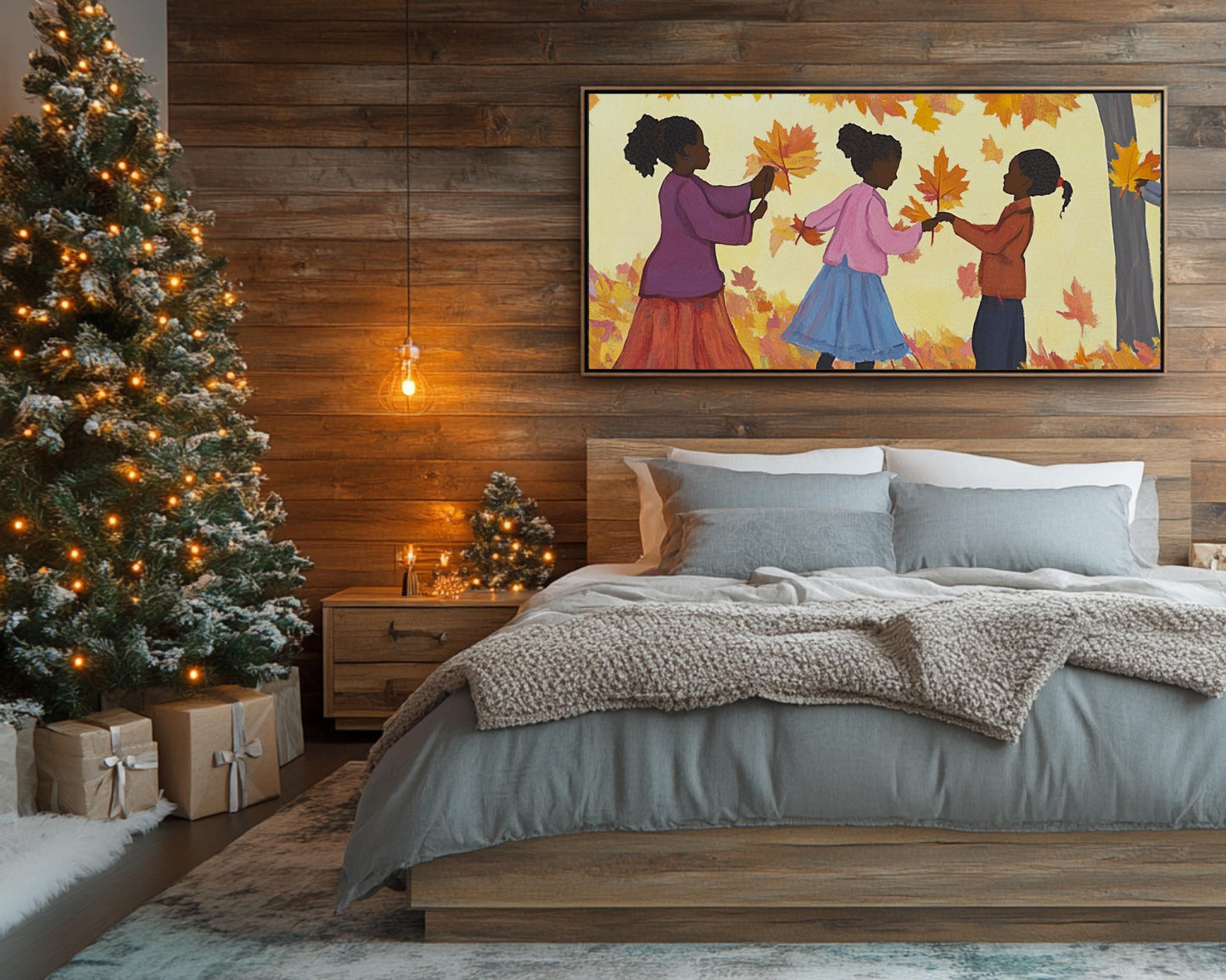 Autumn Joy Wall Art – Black Children Playing in Fall Leaves Canvas