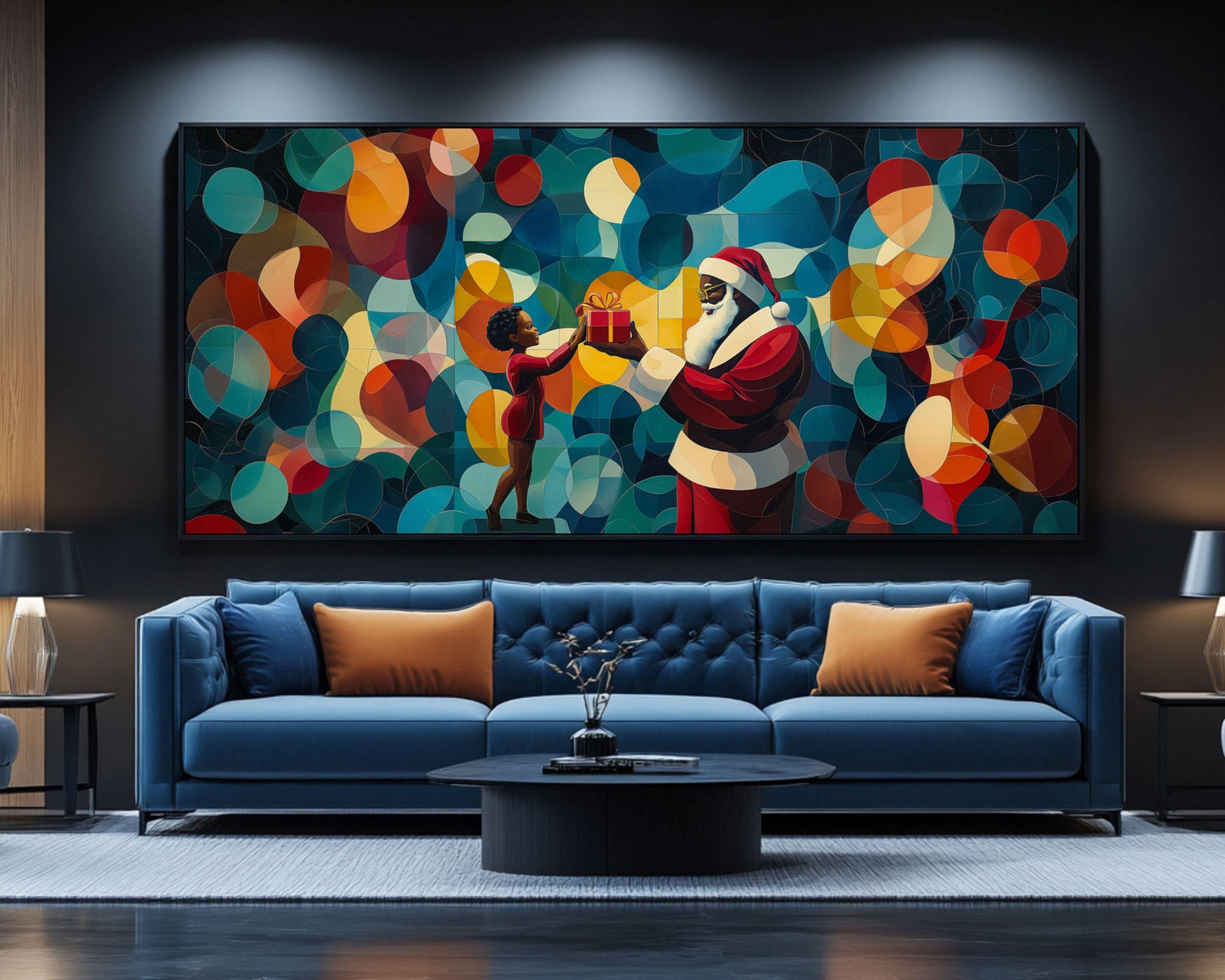 Black Santa Giving Gift to Child African American Christmas Wall Art
