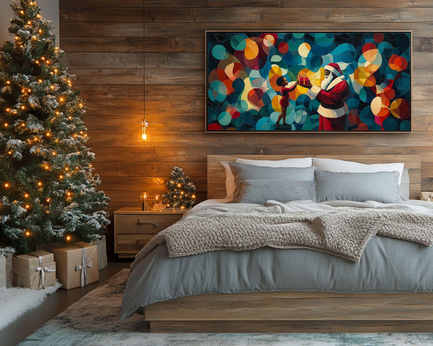 Black Santa Giving Gift to Child African American Christmas Wall Art