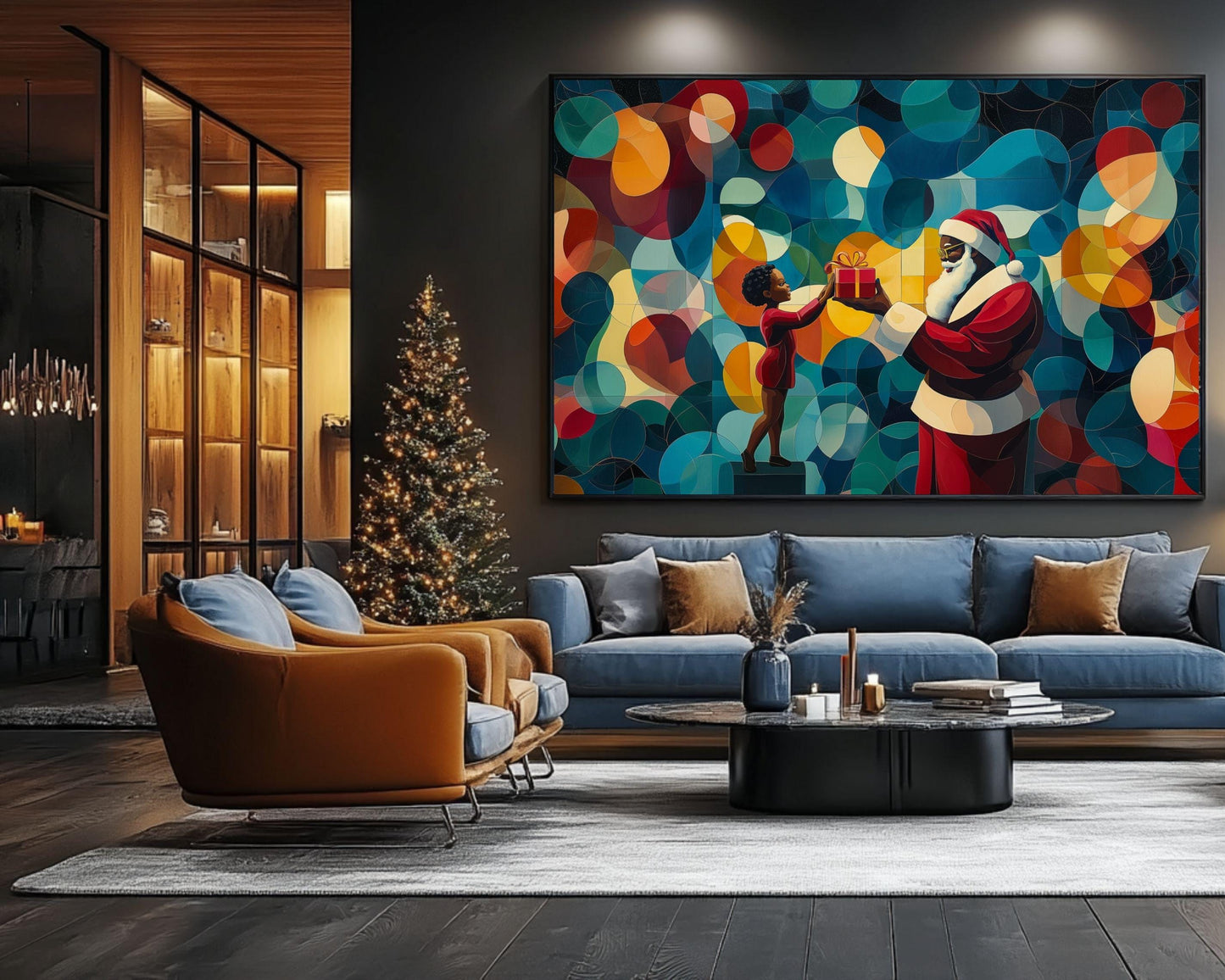 Black Santa Giving Gift to Child African American Christmas Wall Art