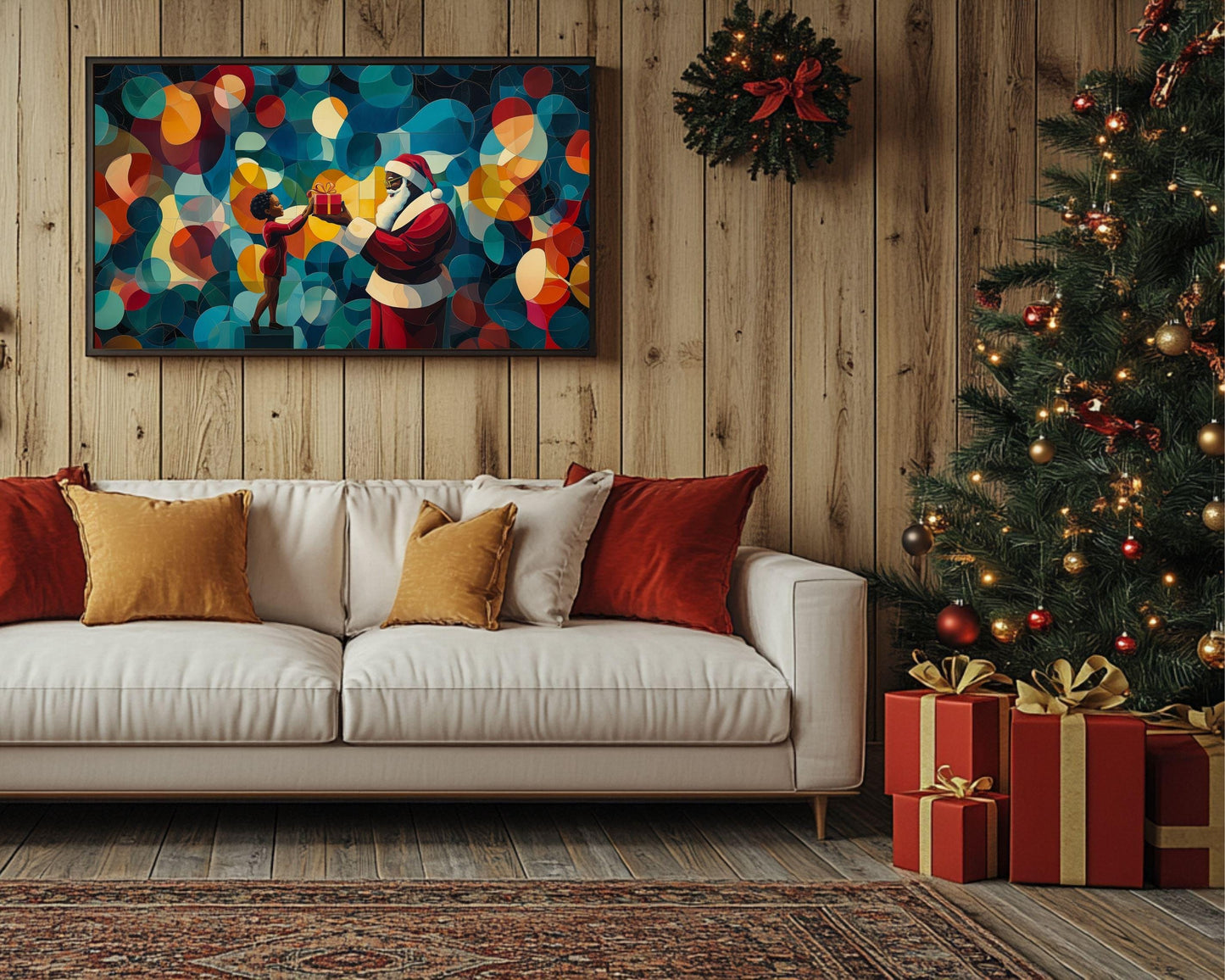 Black Santa Giving Gift to Child African American Christmas Wall Art