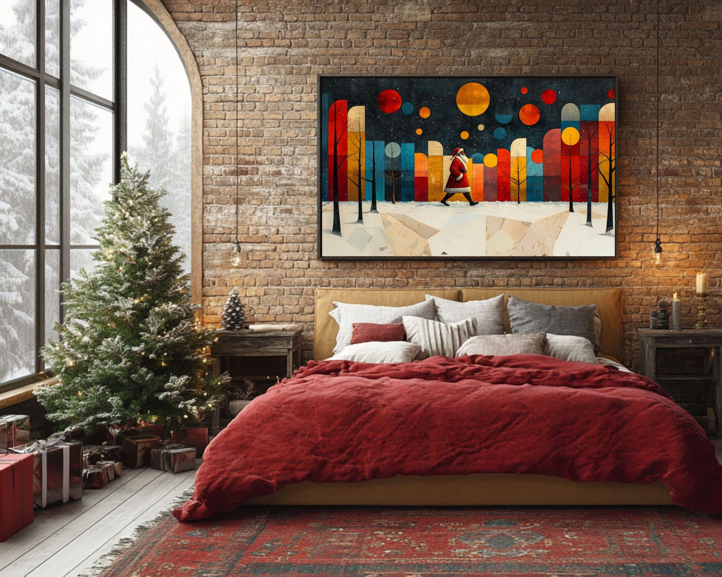 Black Santa Abstract Winter Scene African American Christmas Wall Art
