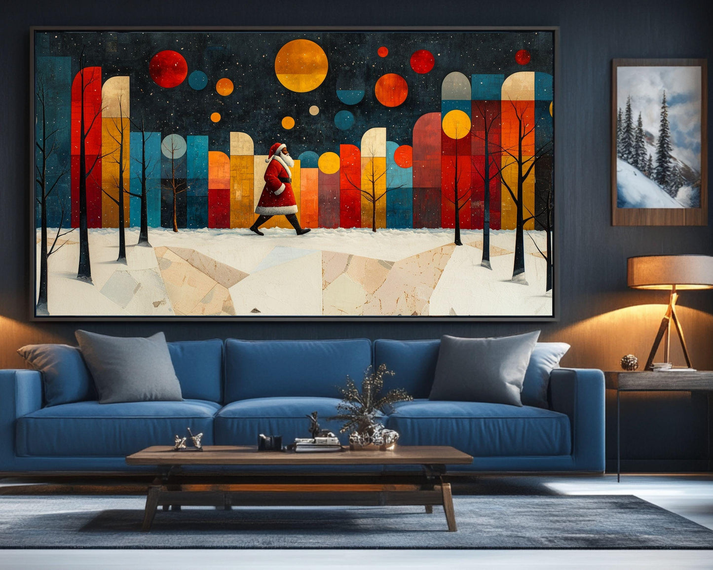 Black Santa Abstract Winter Scene African American Christmas Wall Art