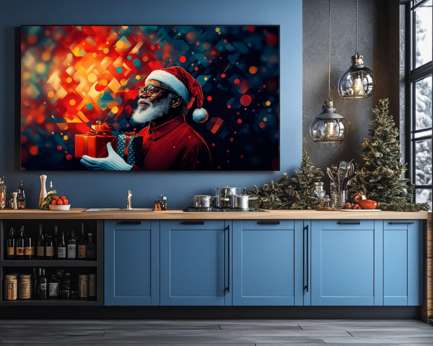 Abstract Geometric Black Santa Christmas Wall Art