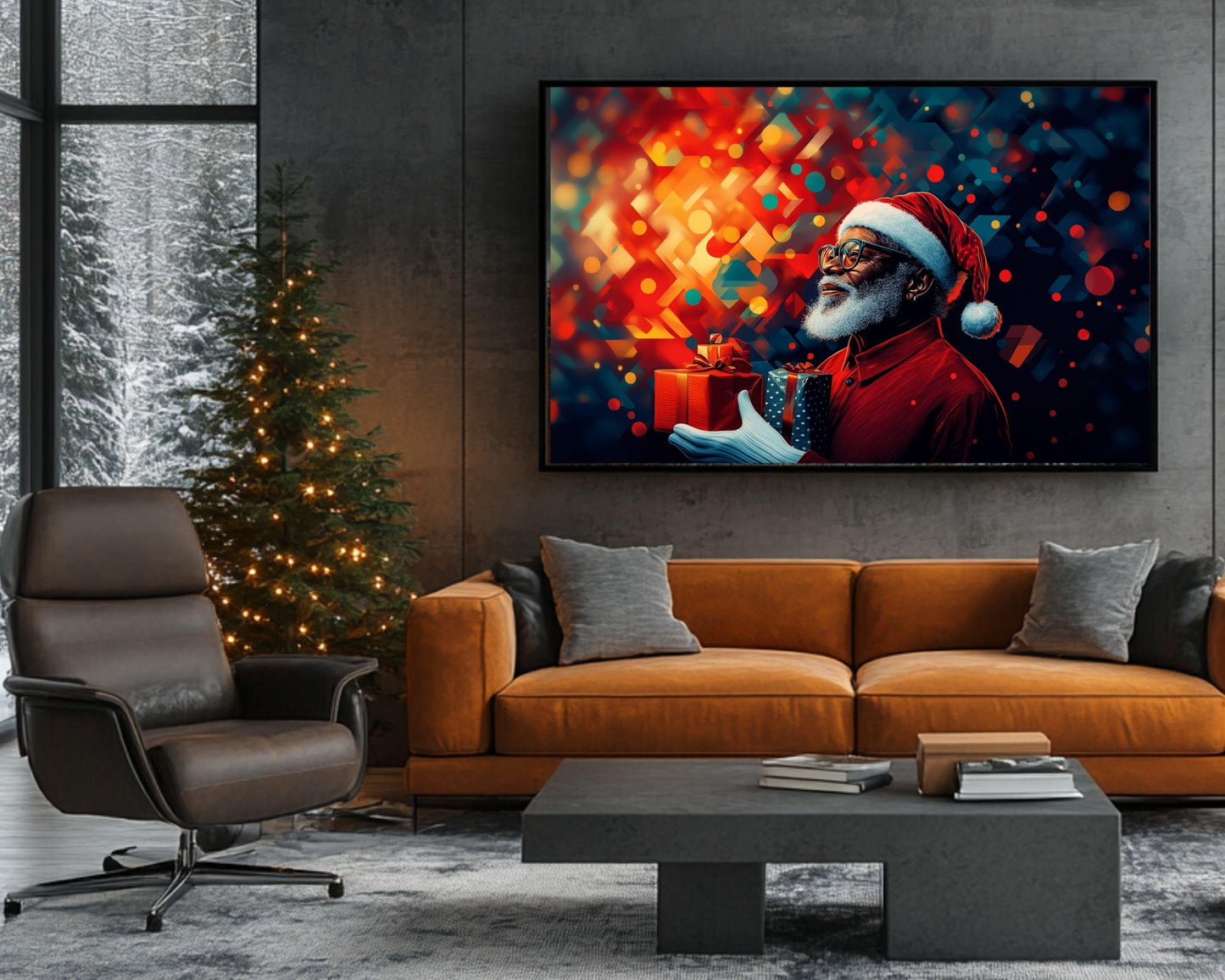 Abstract Geometric Black Santa Christmas Wall Art
