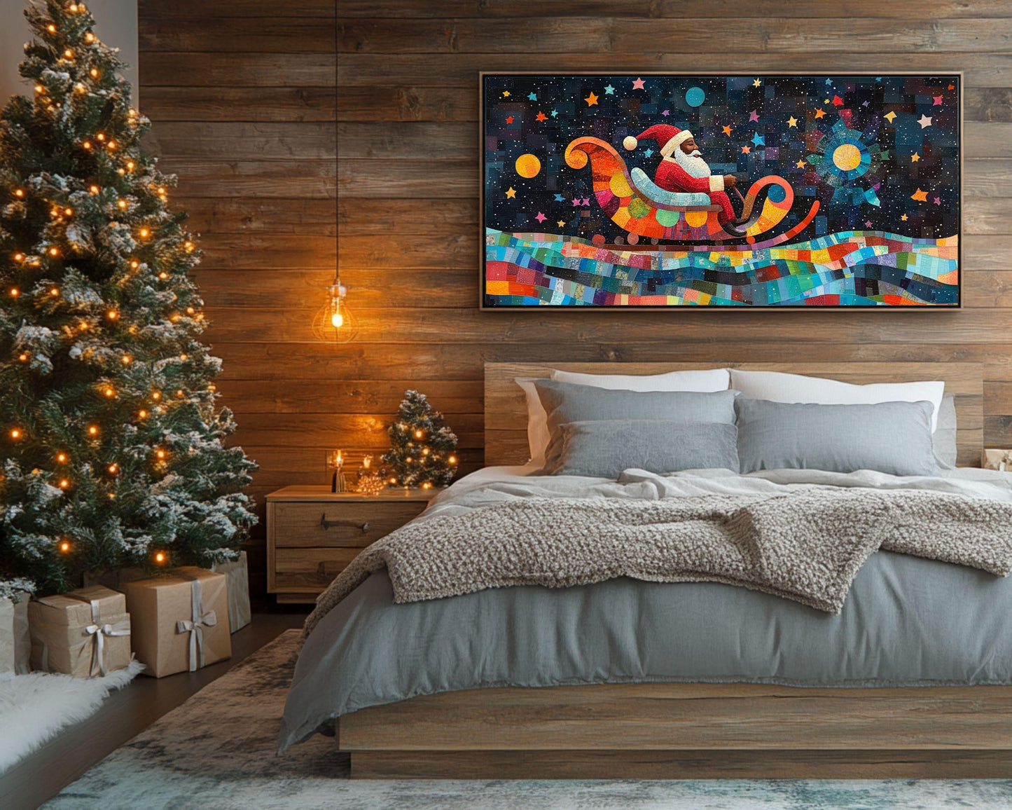 Black Santa Quilt Style African American Christmas Wall Art