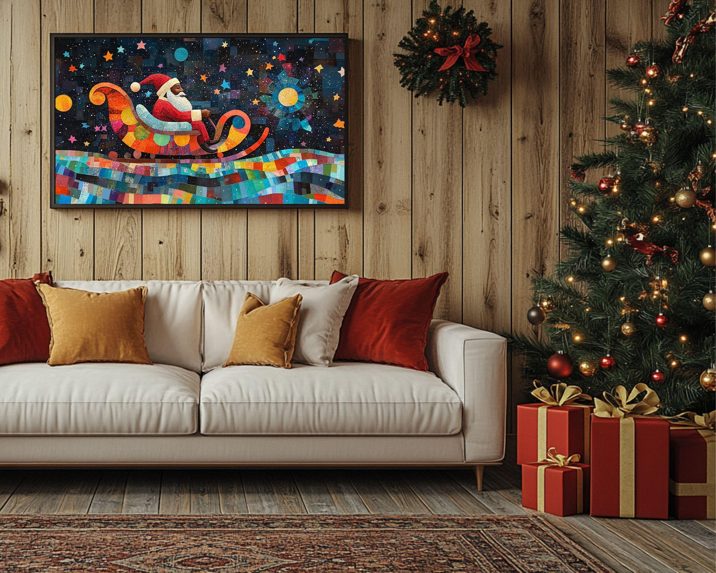 Black Santa Quilt Style African American Christmas Wall Art