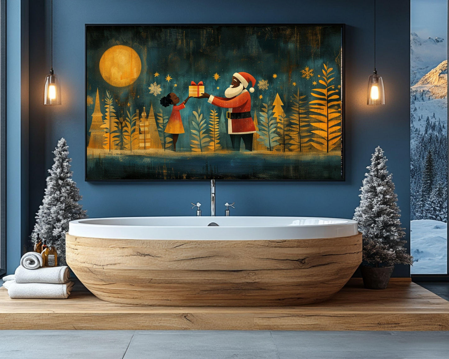 Black Santa Giving Gift African American Christmas Wall Art
