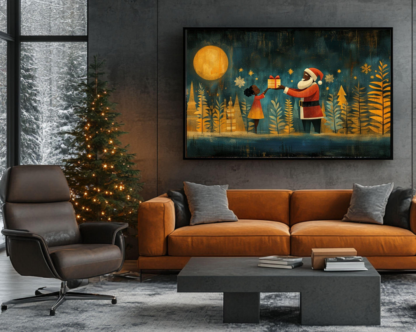 Black Santa Giving Gift African American Christmas Wall Art