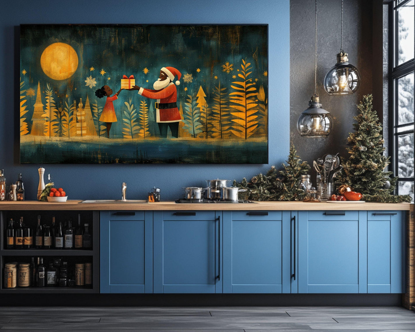 Black Santa Giving Gift African American Christmas Wall Art