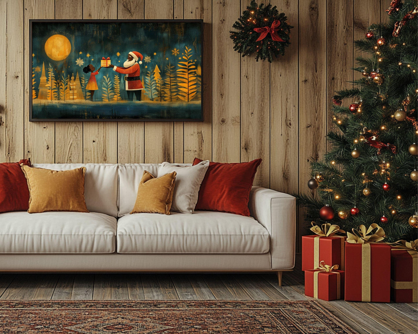 Black Santa Giving Gift African American Christmas Wall Art