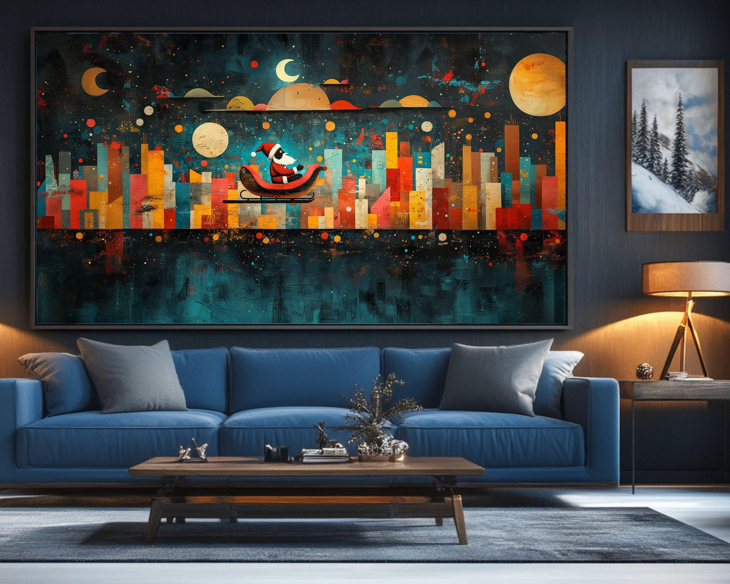 Black Santa Sleigh Ride Over City African American Christmas Wall Art