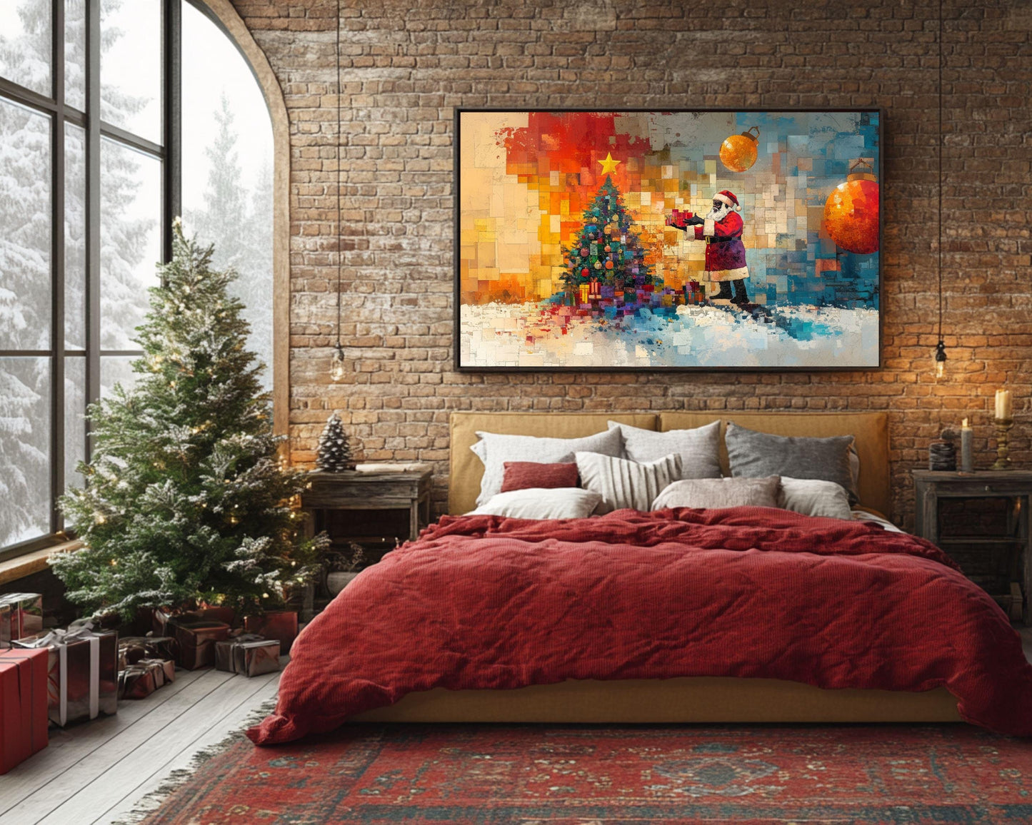 Black Santa Collage with Gifts African American Christmas Wall Art