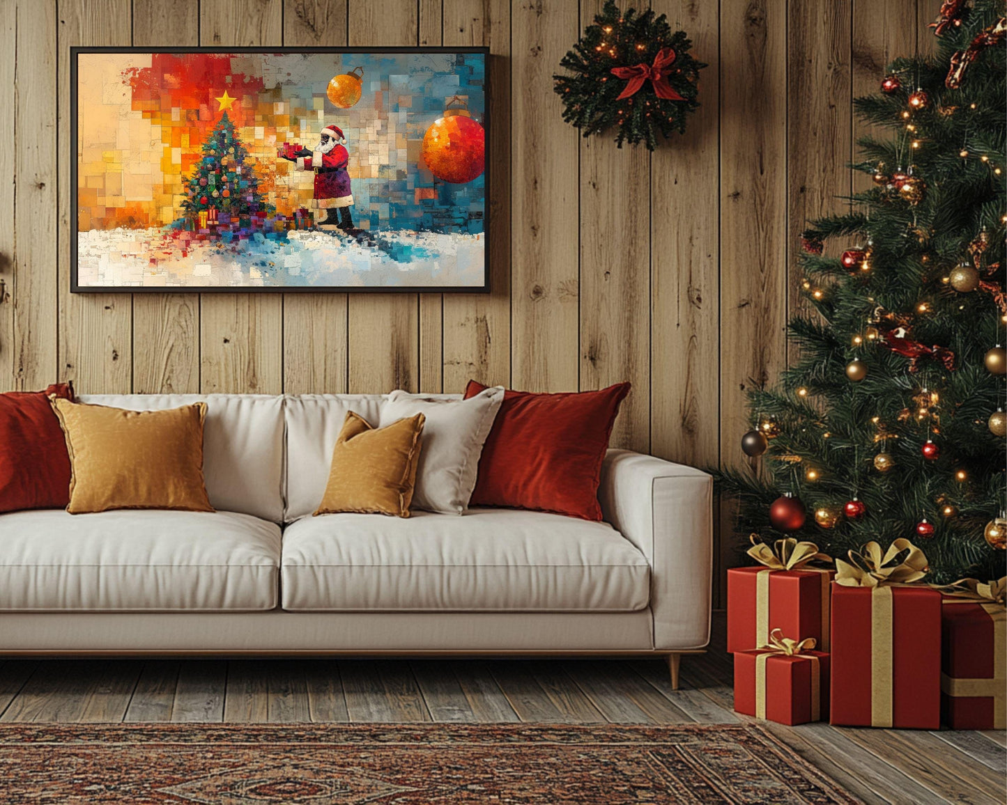 Black Santa Collage with Gifts African American Christmas Wall Art