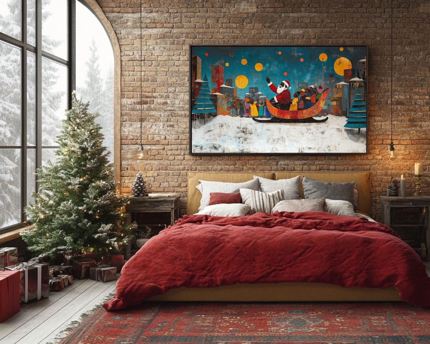Black Santa in Sleigh Urban African American Christmas Wall Art