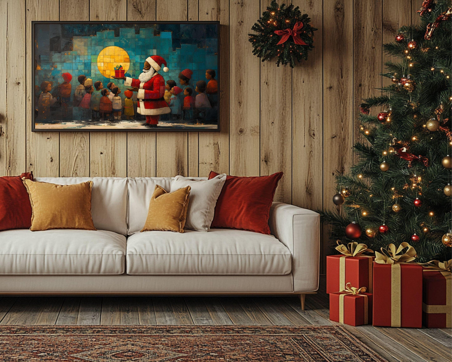 Gift Giving Santa with Kids African American Wall Art