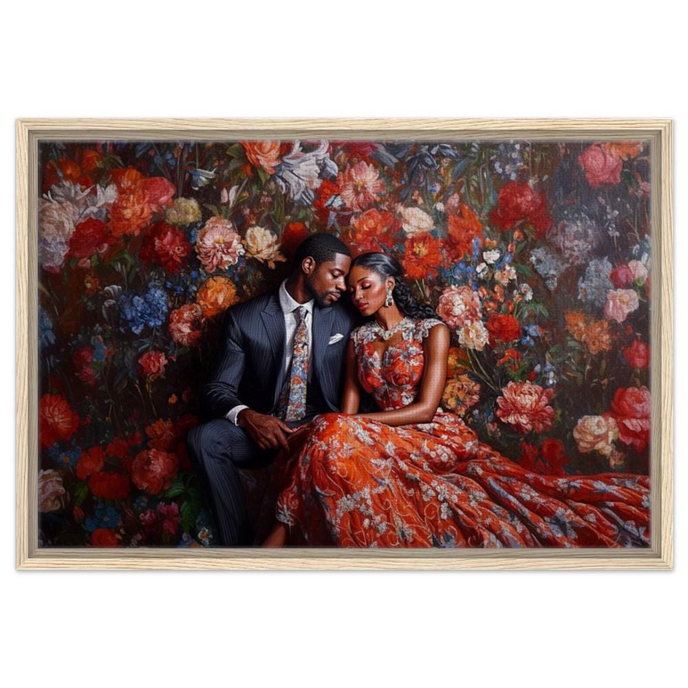 Elegant Black Couple in Floral Setting African American Love Art