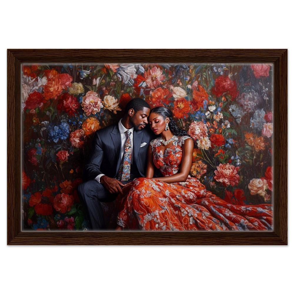Elegant Black Couple in Floral Setting African American Love Art