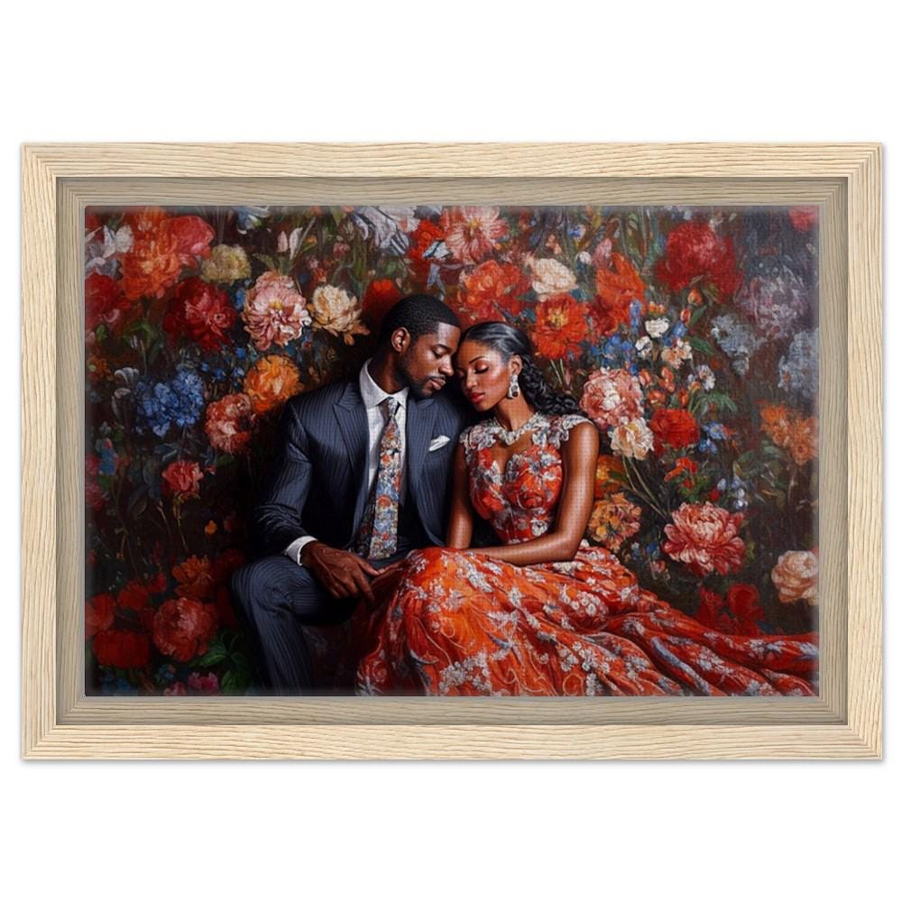 Elegant Black Couple in Floral Setting African American Love Art