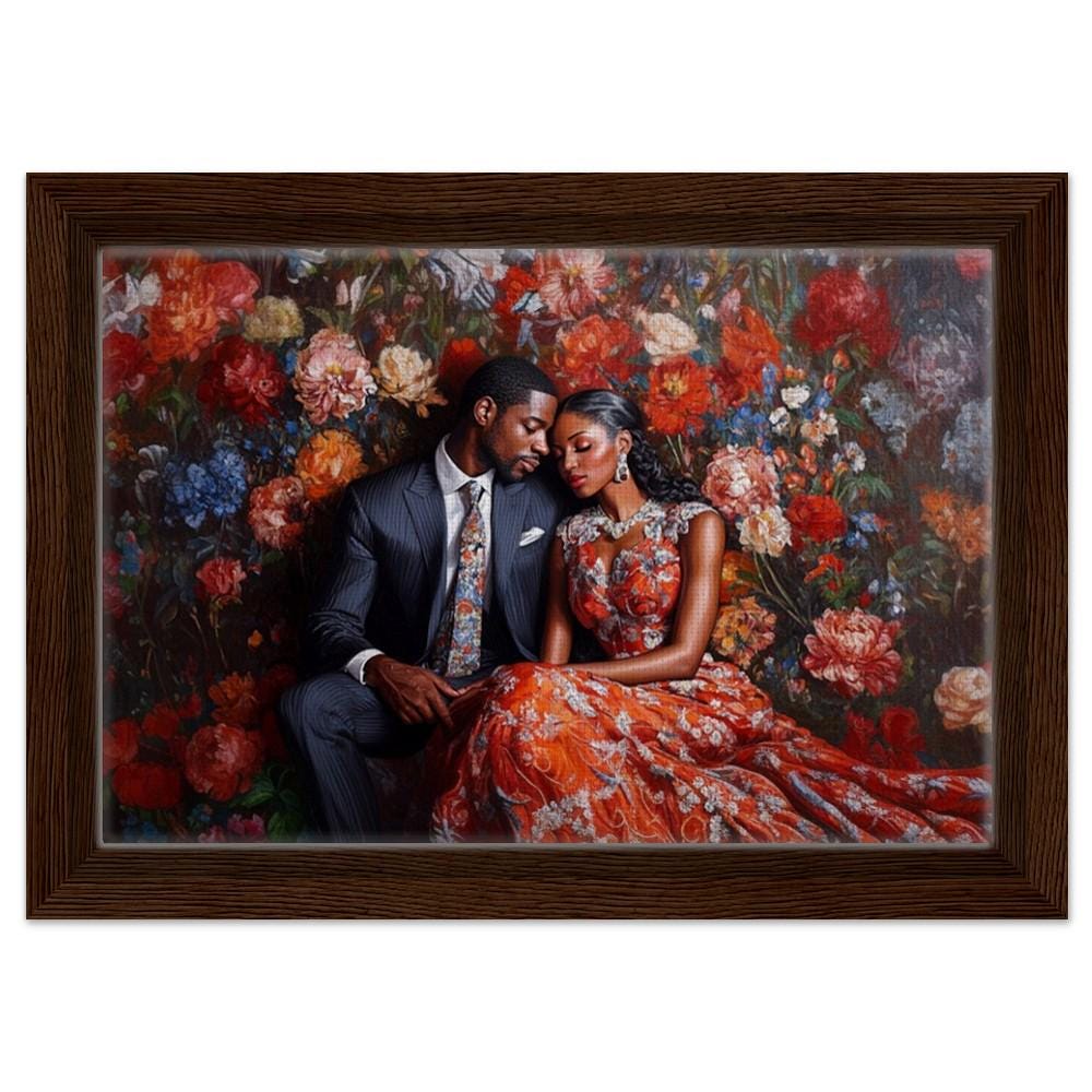 Elegant Black Couple in Floral Setting African American Love Art