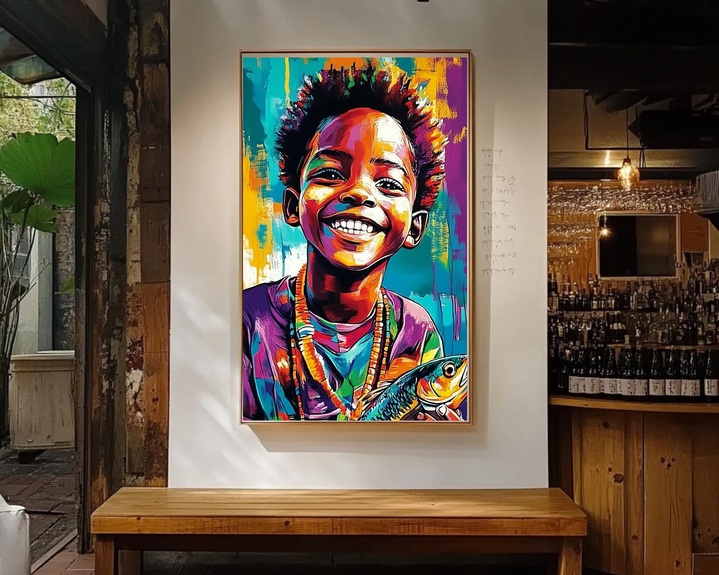 Young Black Boy with Fish African American Joyful Wall Art