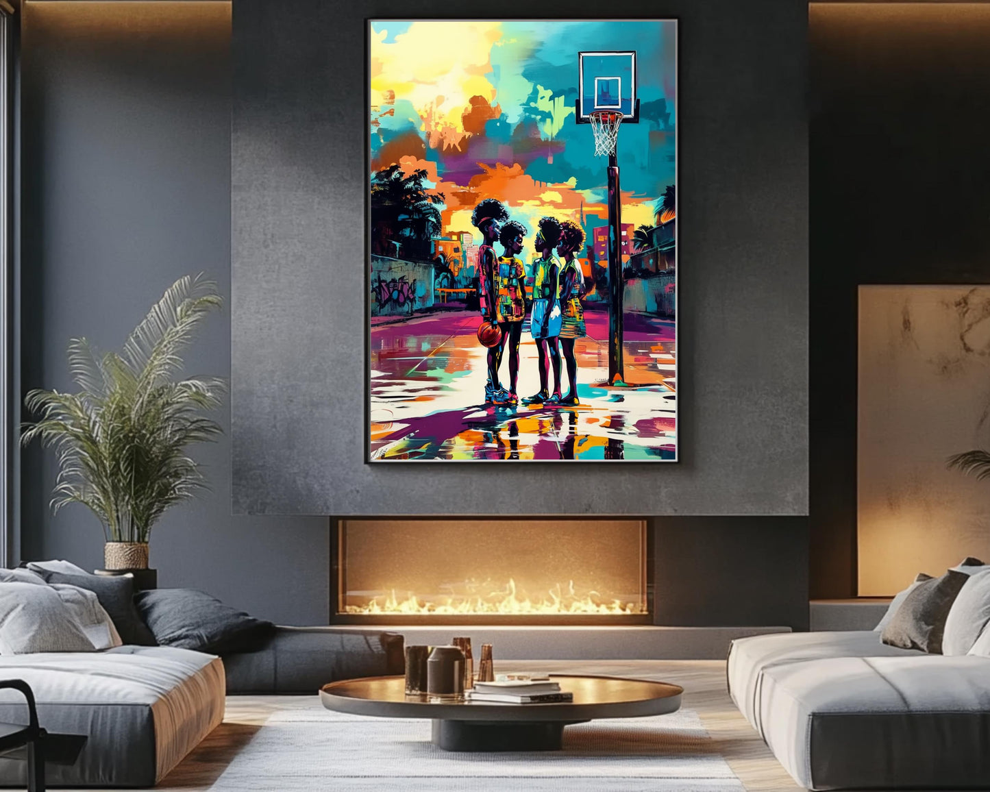 Urban Basketball Court Black Art Print