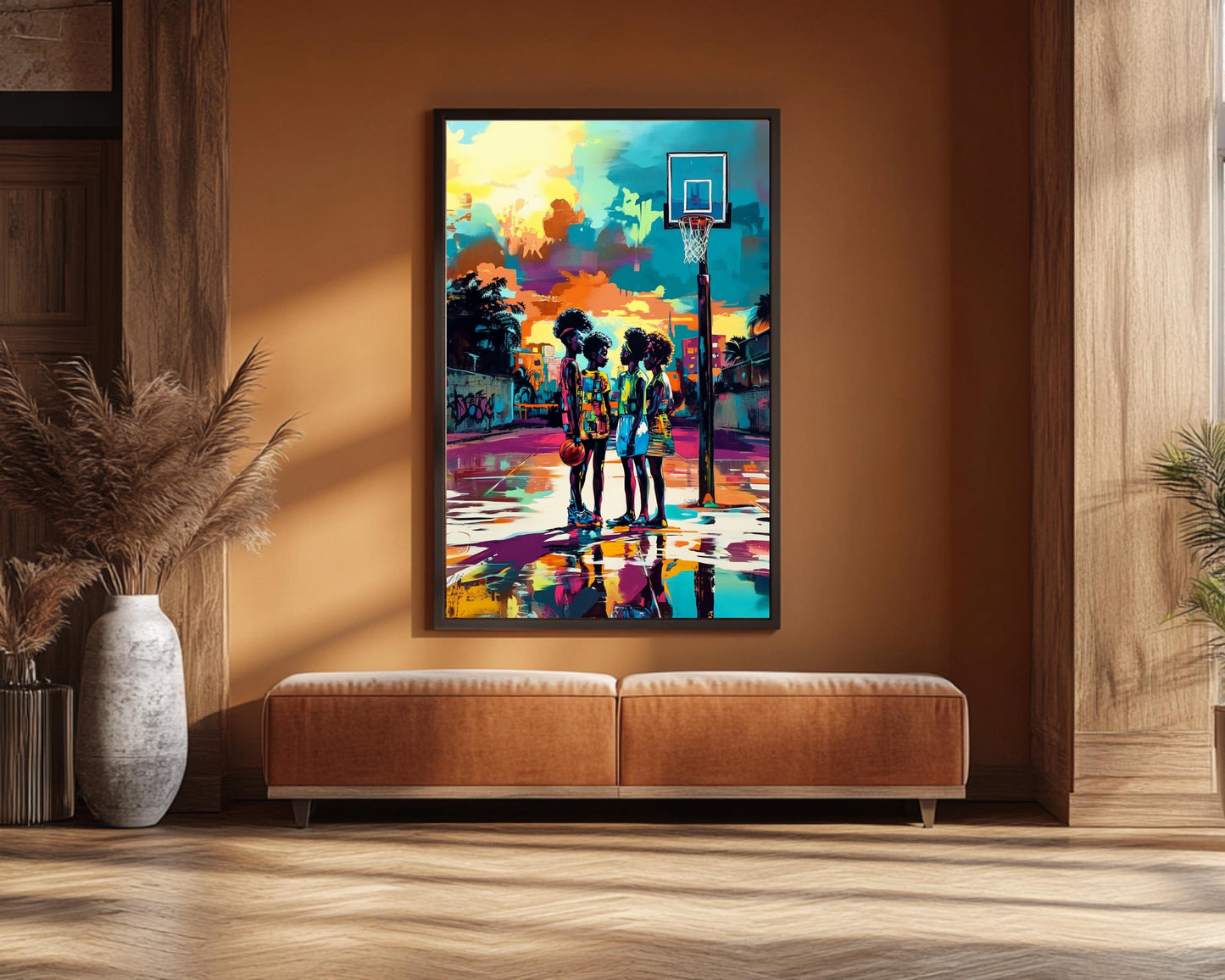 Urban Basketball Court Black Art Print