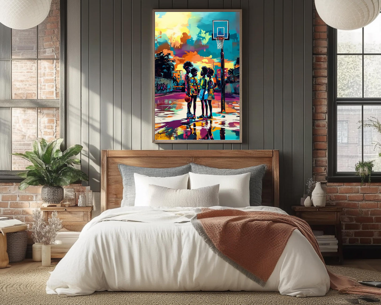 Urban Basketball Court Black Art Print