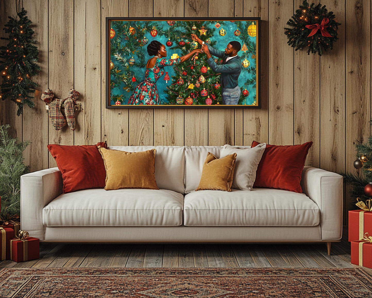 Black Couple Christmas Tree African American Wall Art Canvas
