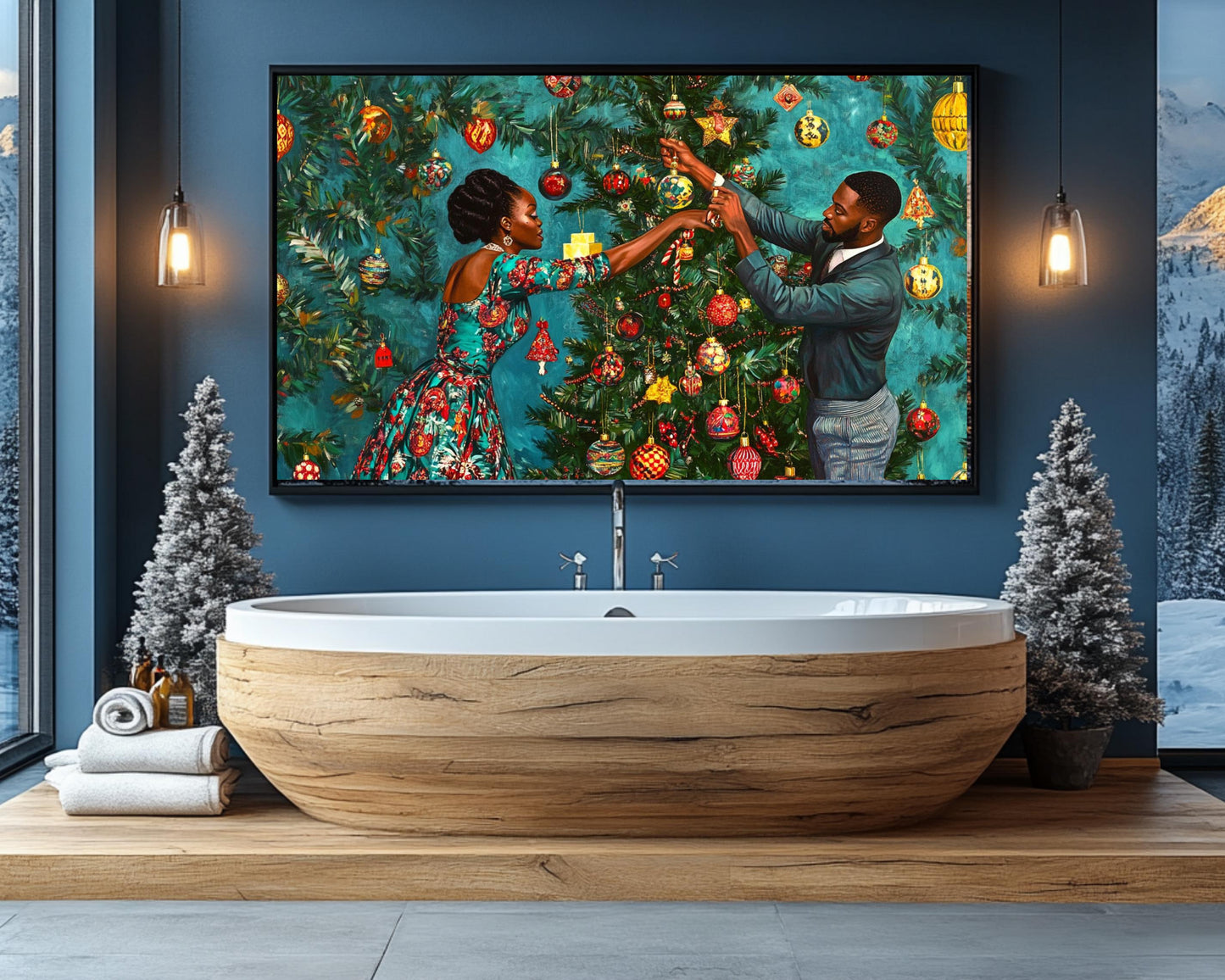 Black Couple Christmas Tree African American Wall Art Canvas