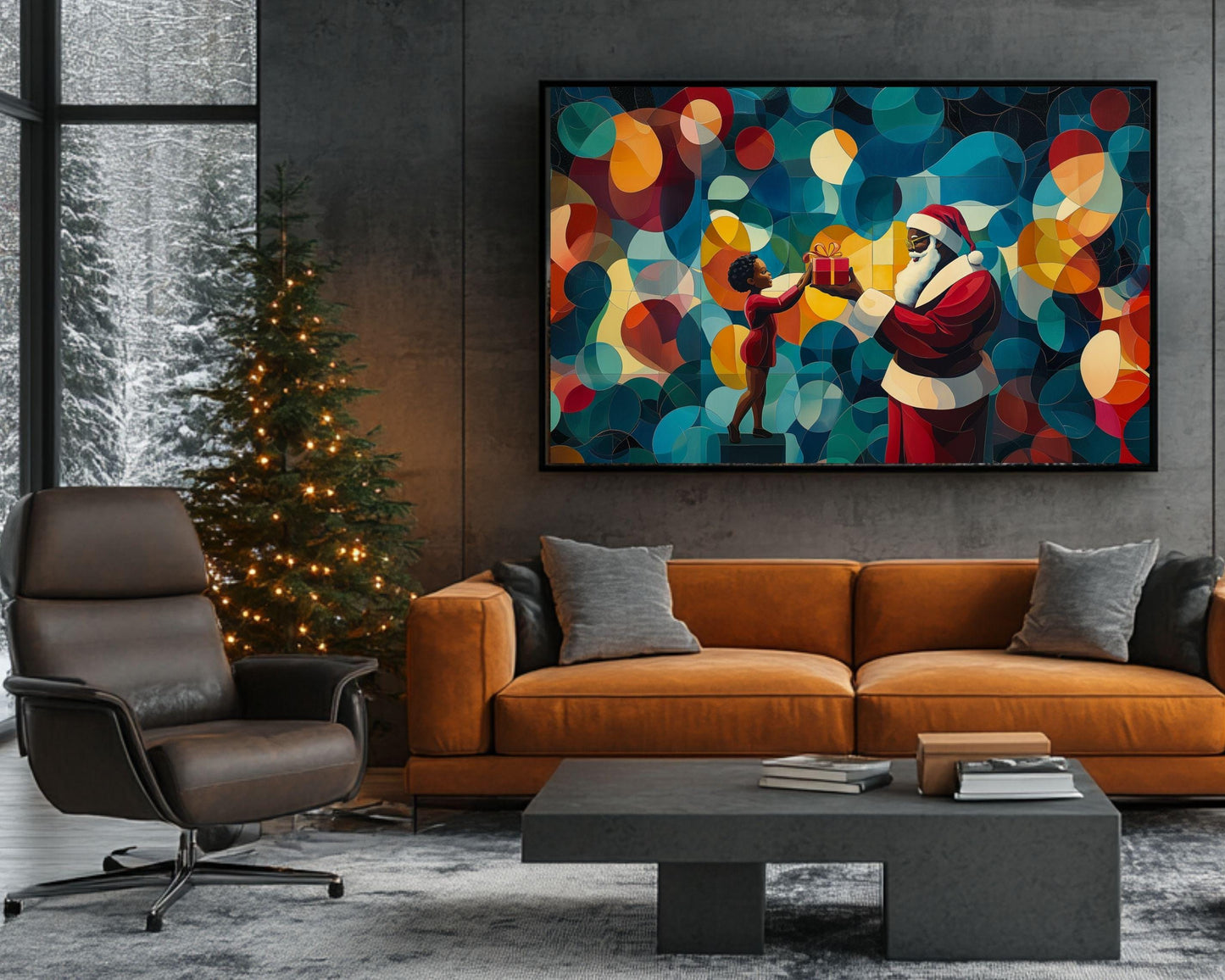 Black Santa Giving Gift to Child African American Christmas Wall Art