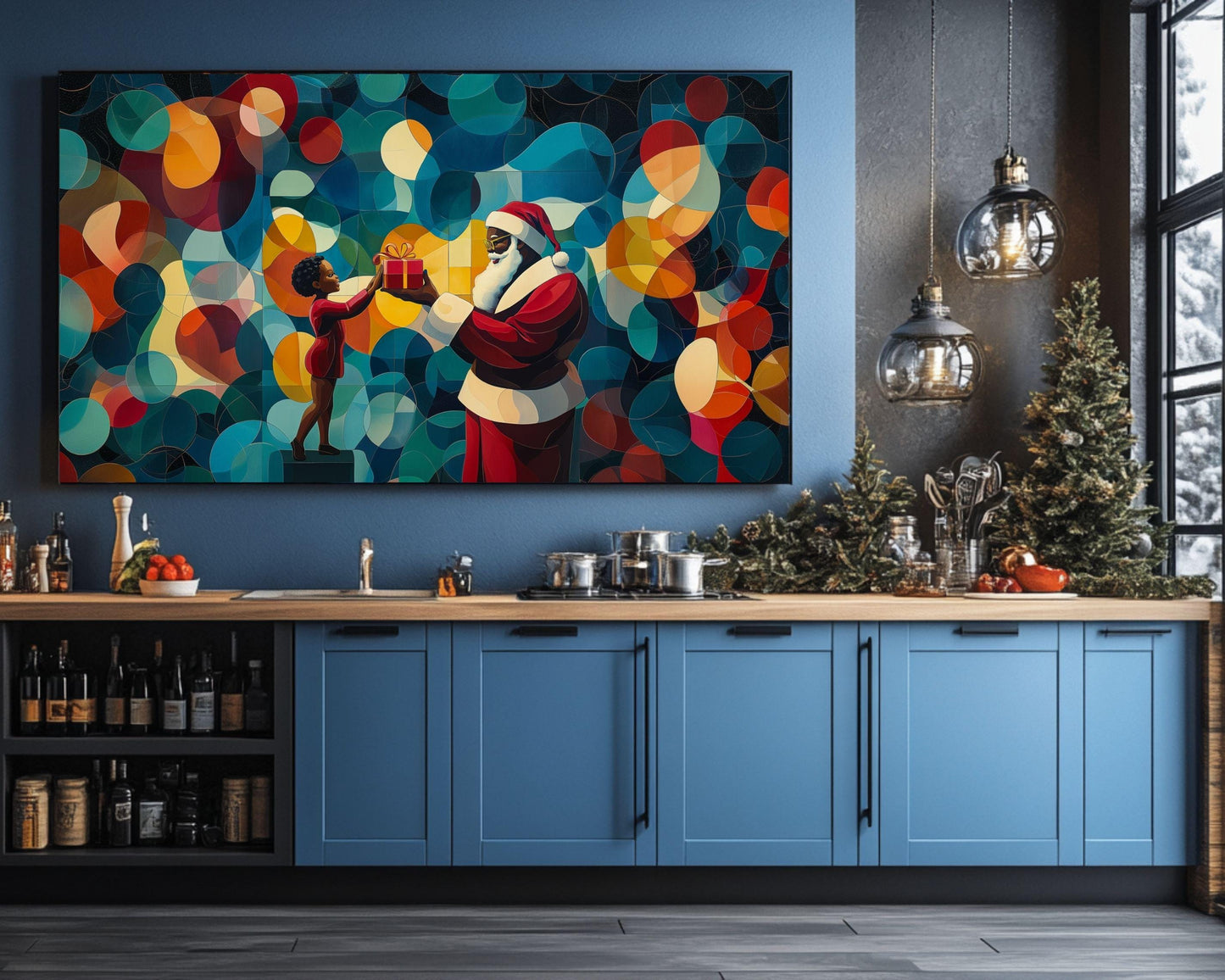 Black Santa Giving Gift to Child African American Christmas Wall Art