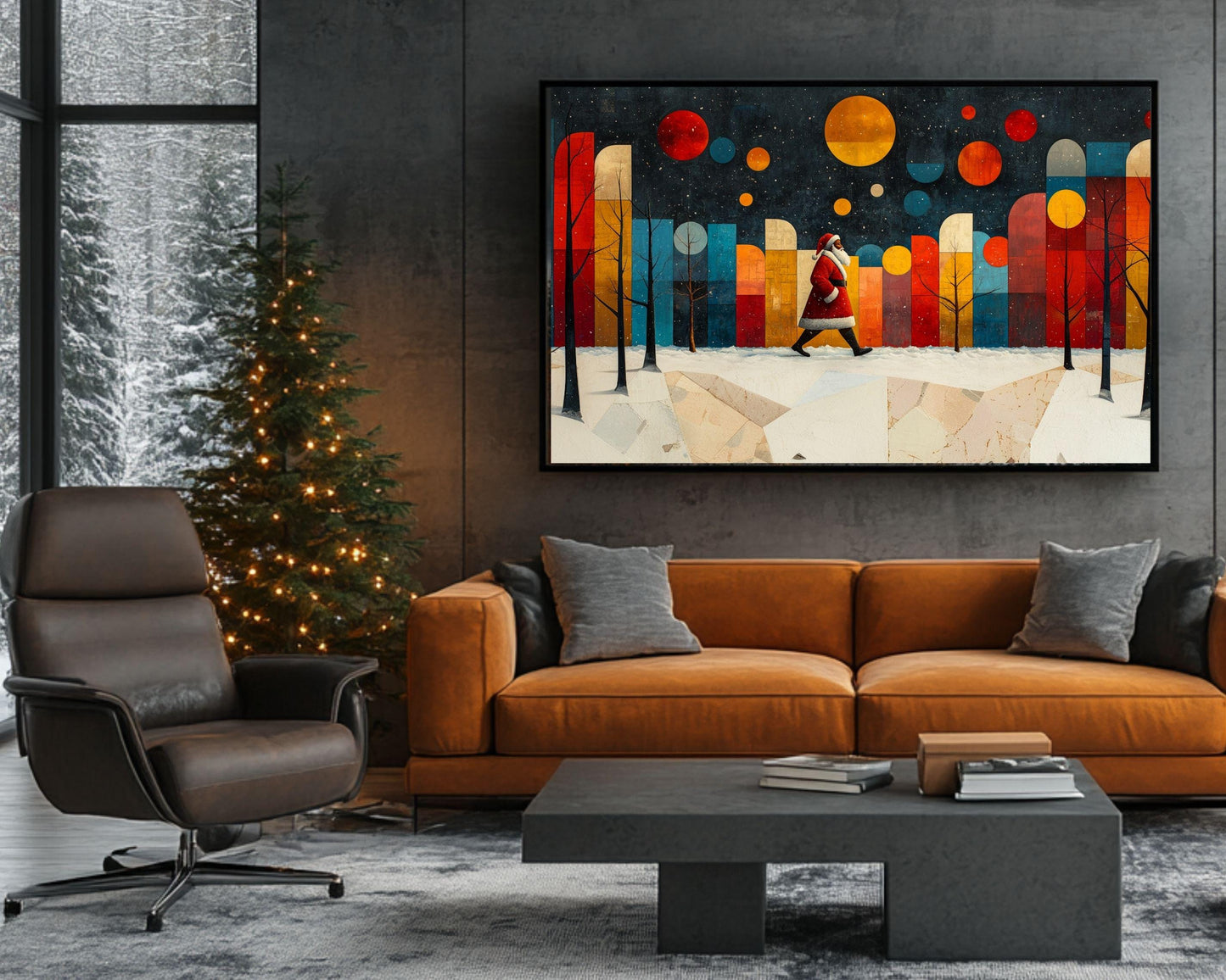 Black Santa Abstract Winter Scene African American Christmas Wall Art